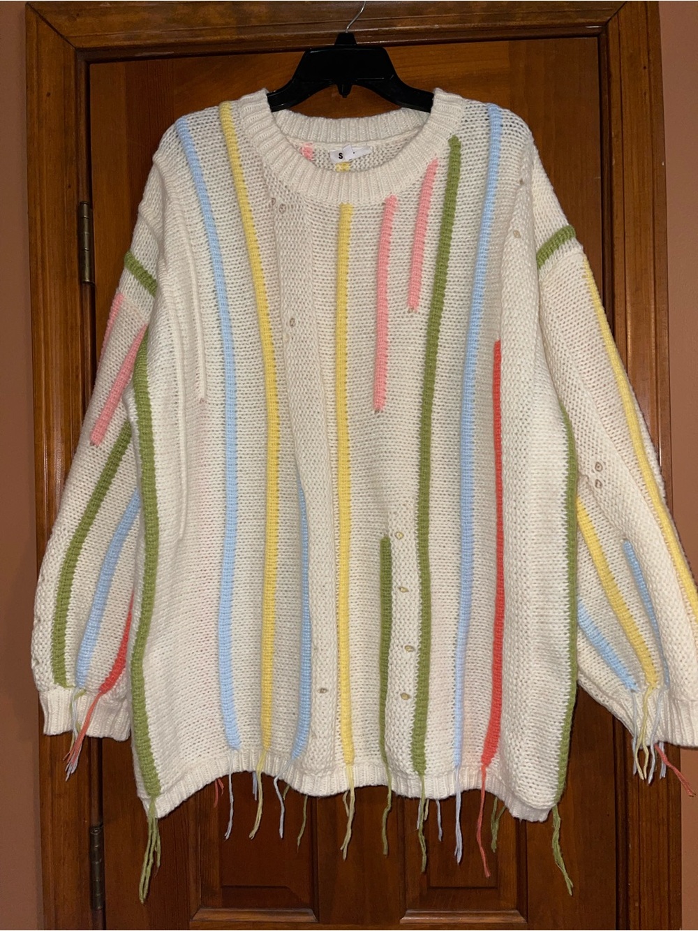 Cream Oversized Stripe Fringe Sweater - Boutique